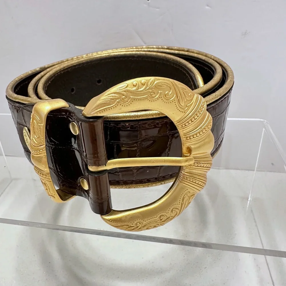 Nanni Italy Brown Crocodile Embossed Leather Belt Gold Engraved Buckle Size 34